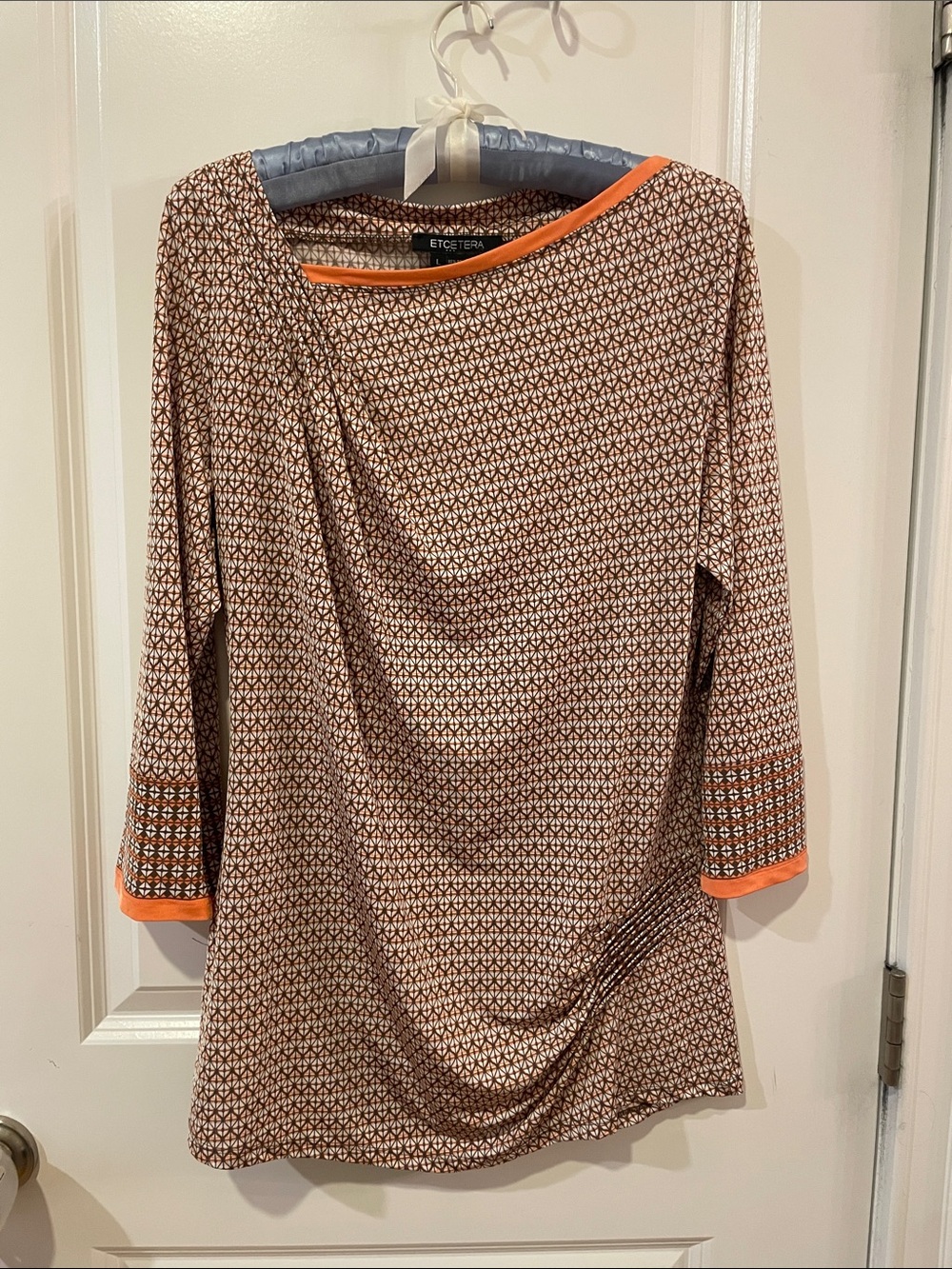 Etcetera Brown Geometric Print Topwith Tuck Work and Orange Trim Large
